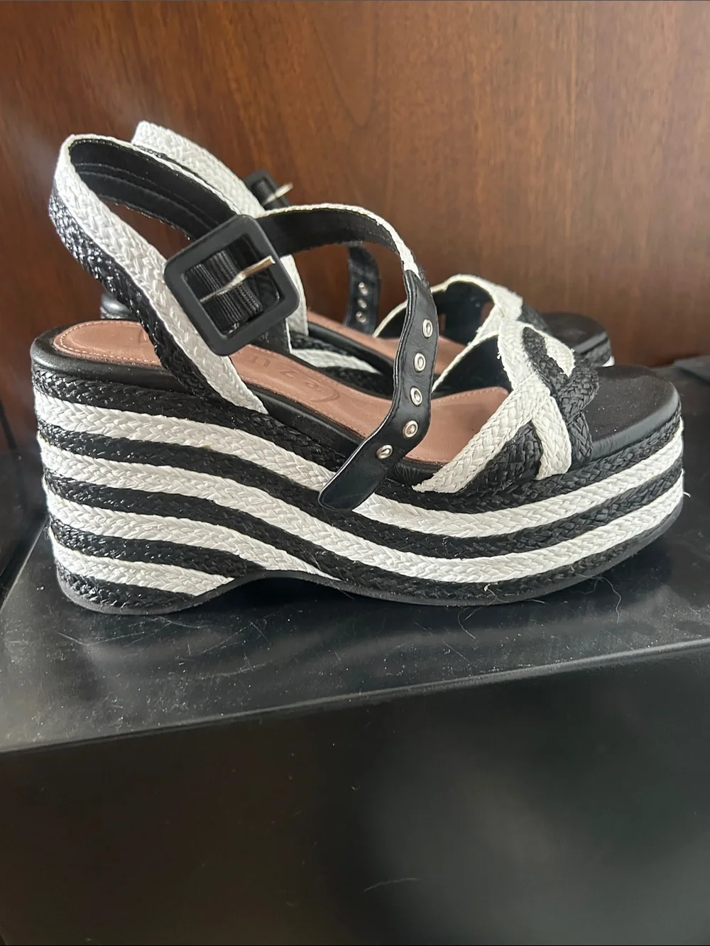 Anthropologie Black and White Striped Wedge Sandals